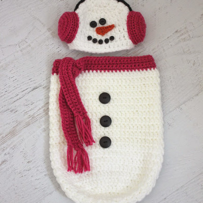 Crochet Snowman Ear Muff Hat and Cocoon