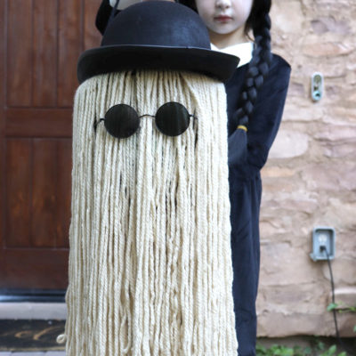 Cousin Itt Halloween Treat Bucket with Bernat Yarn and Addams Family Costume