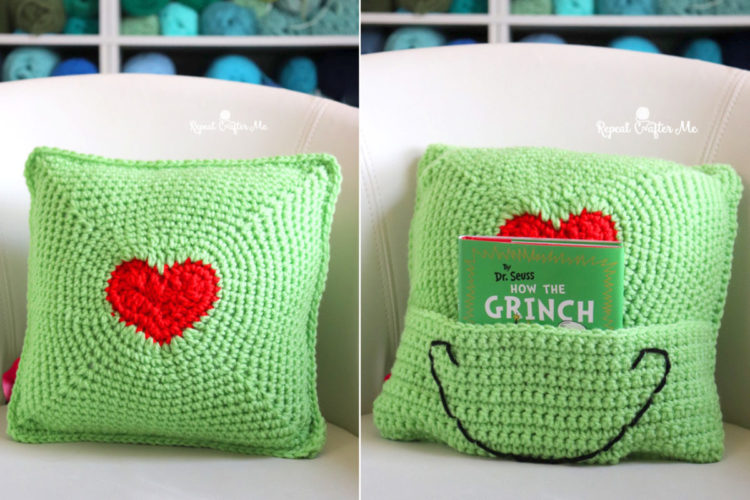 Crochet Grinch Heart Pillow