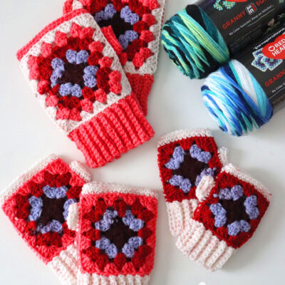 Crochet Red Heart All in One Granny Square Fingerless Mittens