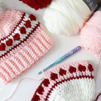 Crochet Hearts in a Row Striped Hat