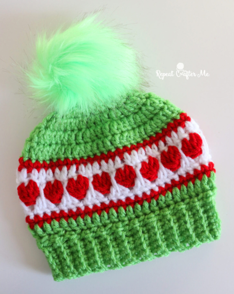 Grinch-Inspired Hearts in a Row Crochet Hat - Repeat Crafter Me display picture 3